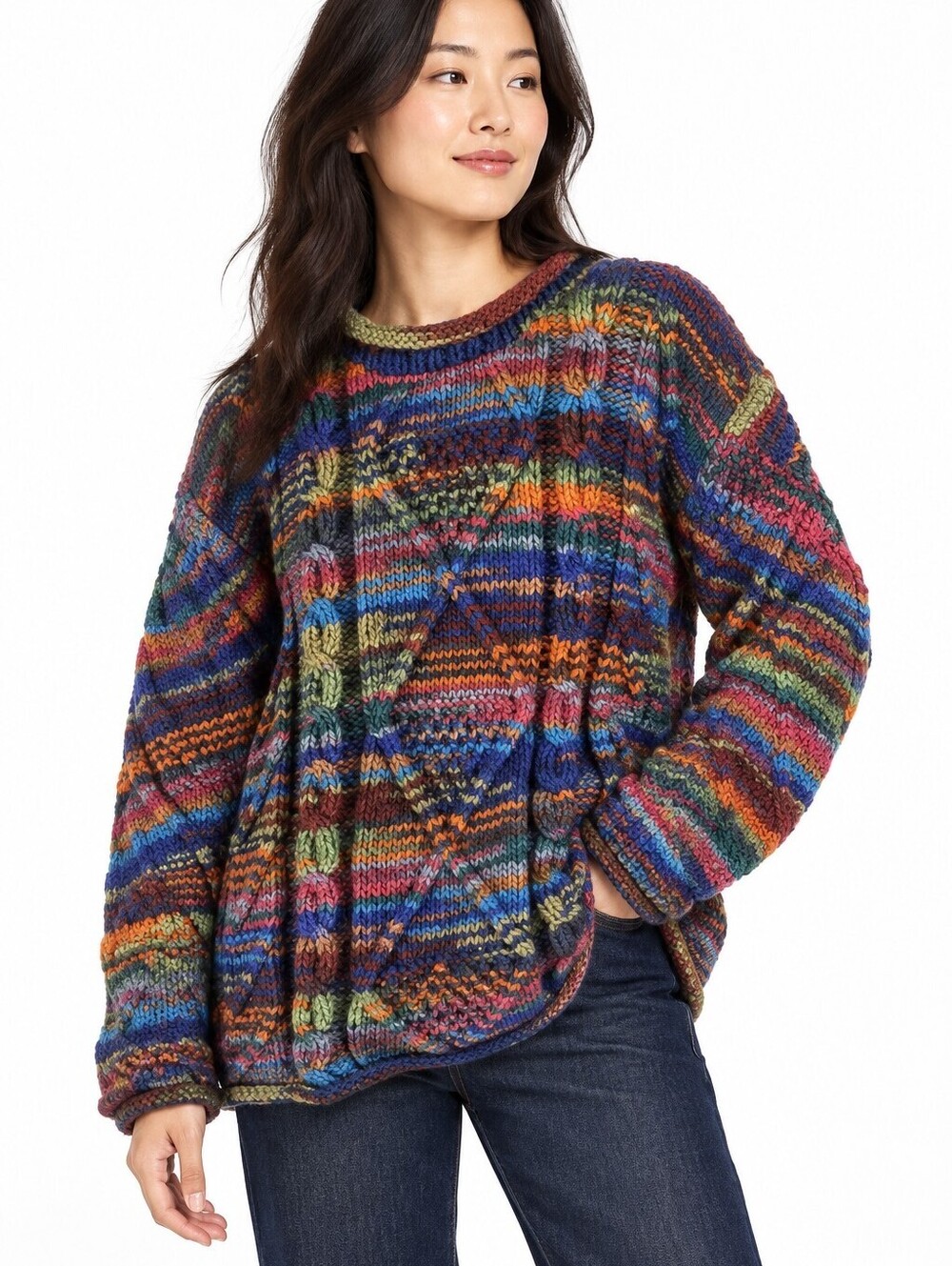 Hidalgo Ecuador 100% Wool Multicolor Chunky Hand Knit Pullover Sweater-L